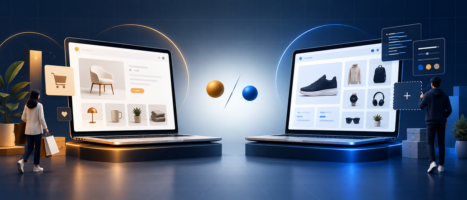 Two modern ecommerce storefronts shown side by side, representing a Shopify versus WooCommerce comparison