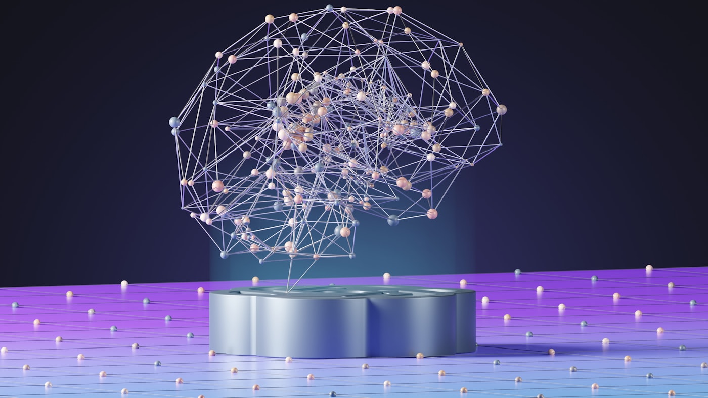 Abstract 3D visualization of a neural network representing modern AI tools
