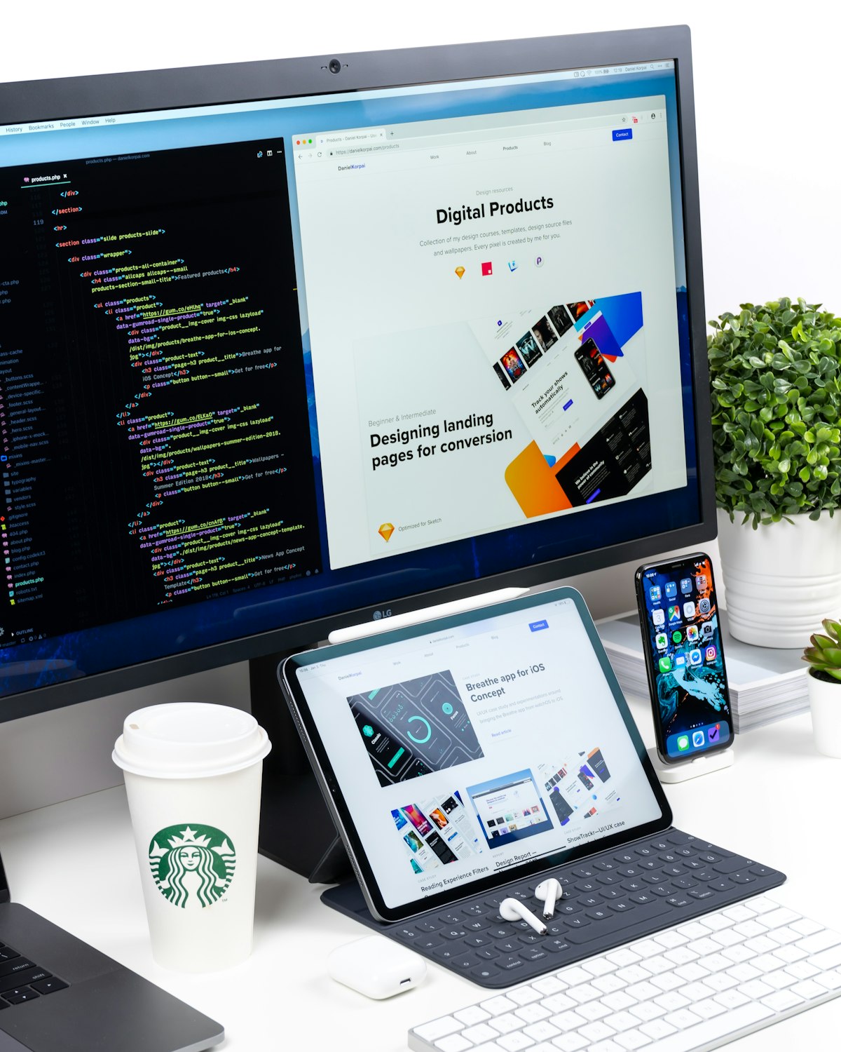 A computer screen showing code and a web design mockup side by side